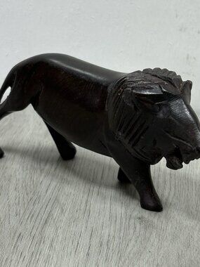 Hand Carved Wooden African Lion 6" Long Jungle Home Decor Dark Wood Grain